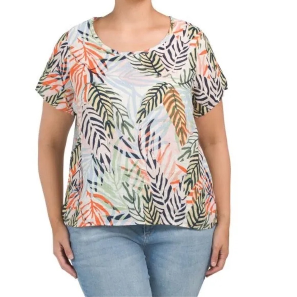 Tahari Top Blouse Women's 1X Blue Tropical 100% Linen Vacation Resort Palms